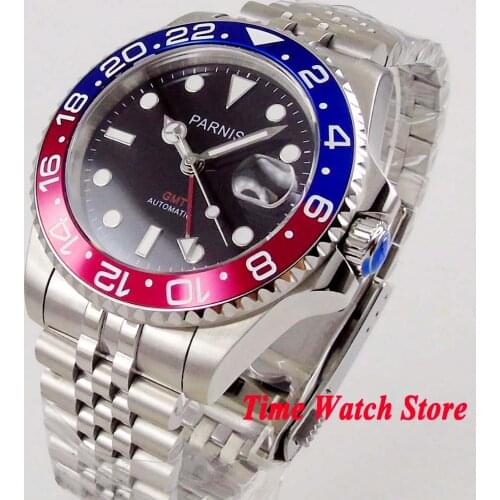 Luxury Parnis 40mm GMT 3804 automatic watch men sapphire glass waterproof steel red black dial luminous aluminus bezel