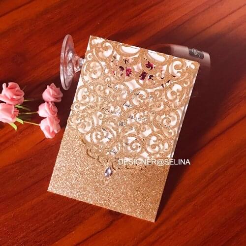 Rose Gold Glitter Pocket Wedding Invitation with Diamond Laser Cut Quinceanear Invitations Anniversary Party Invites 50pc/lot