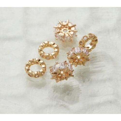 Vacuum plating Gold Brass Zircon circle wheel large hole spacer Beads for DIY jewelry bracelet accessories 9mm 5pcs
