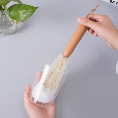Cleaning Brush Beech Wood Handle L-Shaped Curved Brush Head Household Dishwashing Cup Brush Teapot Milk Bottle TS2