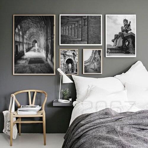 Nordic Poster Classical Corridor Building Buddha Statue Print Wall Art Canvas Painting Wall Pictures For Living Room Home Decor