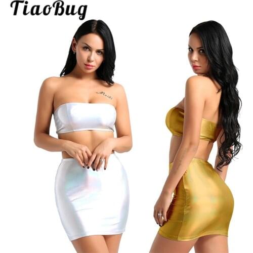 TiaoBug Women Faux Leather Metallic Strapless Crop Top Mini Bodycon Skirt Set Club Party Pole Dance Rave Stage Dance Costume Set