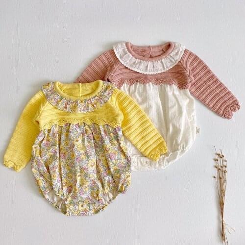 Korean Style Spring Autumn Baby Girls Clothes Infant Baby Girls Knitting Jumpsuit Toddler Baby Girl Knitting Splicing Romper