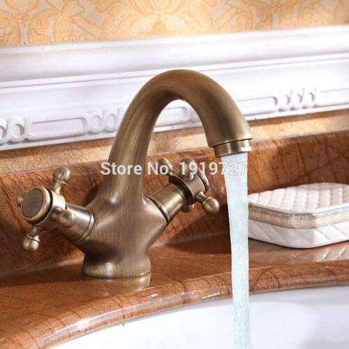 Vidric Luxury Classic Antique Inspired Solid Brass Deck Mount Two Handles Bathroom Sink Faucet Unique Designer Vanity Copper Mix