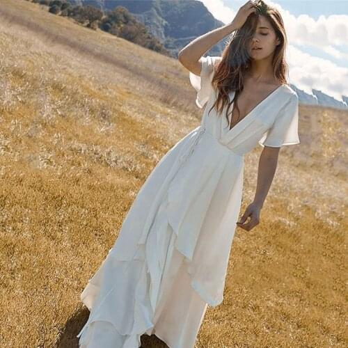 Eightree Ivory Boho Wedding Dresses with Short Sleeve Bride Dress Vestidos de Noiva Tassel A Line Vintage Cheap Wedding Gowns