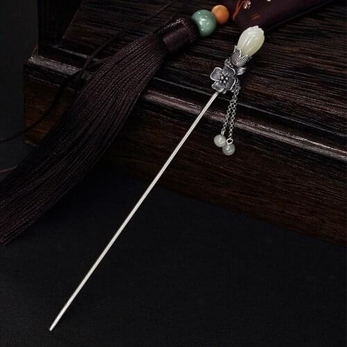 Eastern Elegant Magnolia Natural Jade Hair Jewelry Women Vintage Thai Silver Flower Hair Sticks 925 Silver Hair Forks Tassels