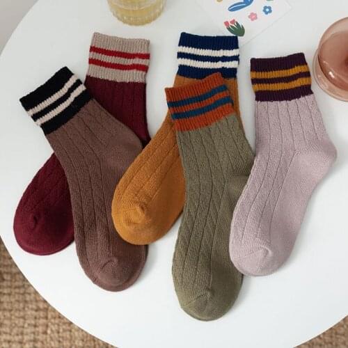 Japanese Korea High School Girls striped Socks Loose Solid Colors Double Needles Knitting Cotton Long Socks Women 5 Pairs Pack S