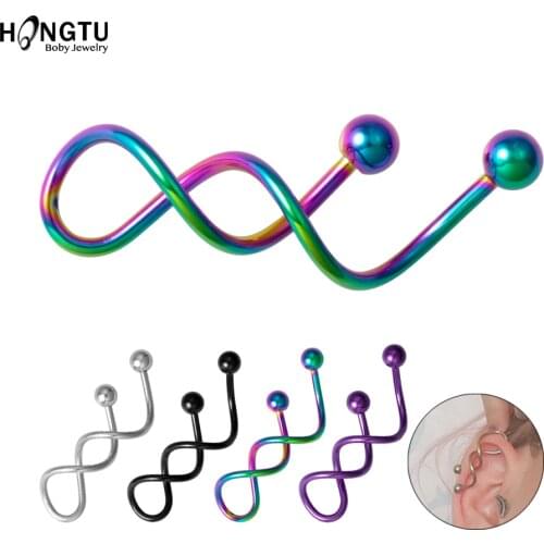 HONGTU 1PC Twist Colorful Industrial Barbell Earrings Heart Surgical Steel Punk Ear Cartilage Helix Conch Piercing Jewelry 14G