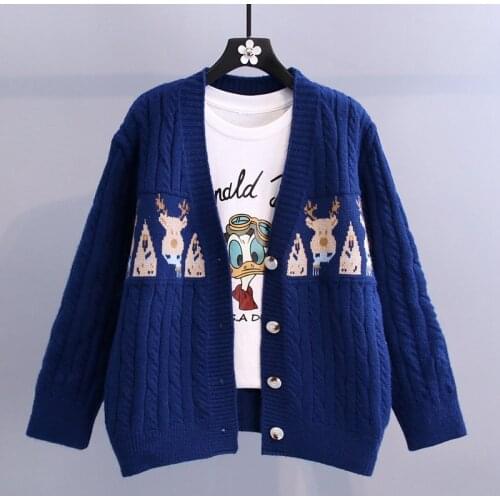 2021 fashion new autumn retro cartoon jacquard sweater jacket female Korean version loose outer wear all-match knitted cardigan
