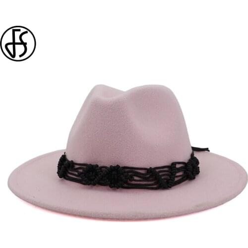FS Summer Vintage Wide Brim Jazz Hat For Women Elegant Plain Wool Felt Fedora Hats Men Yellow Pink Cap Sombrero Hombre