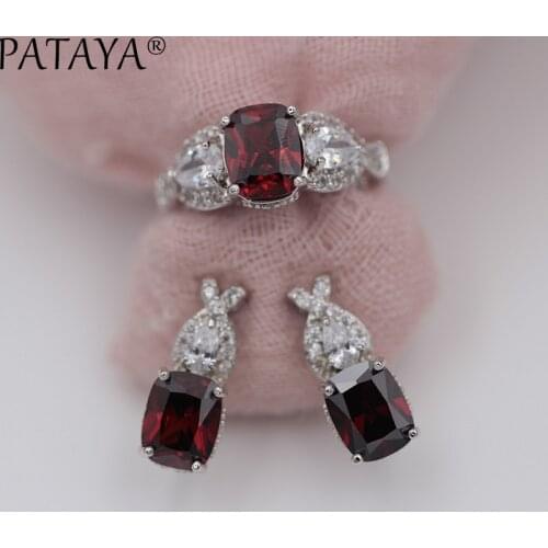 PATAYA New Arrivals Pomegranate Red Rabbit Ear Natural Zircon Earrings Rings Sets Women Luxury True White Gold Fashion Jewelry