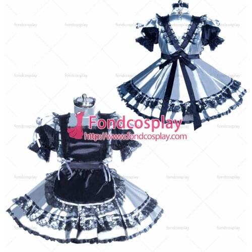 Fondcosplay adult sexy cross dressing sissy maid short French black apron lockable silver satin dress costume Tailor-made[G3932]