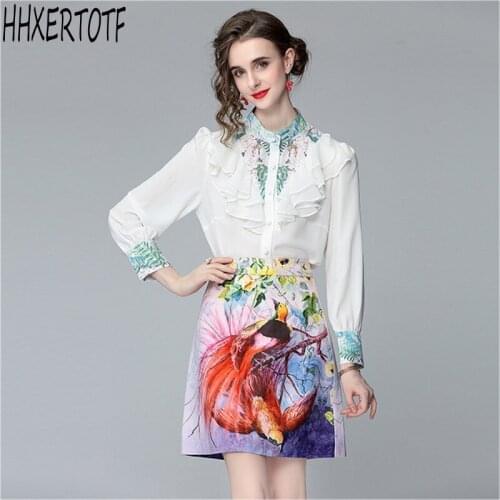 2021 summer Fashion temperament women Skirt Suit Ruffles Long Sleeve Ruffle print Shirt + Printed Skirt Two Pieces Sets