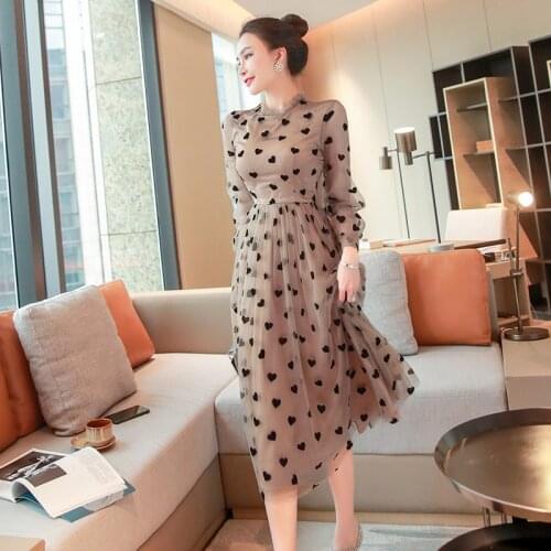 LLZACOOSH Summer Vintage khaki Mesh Heart Long 2021 Women Female Long Sleeve O-Neck A Line Elegant Evening Party Dress