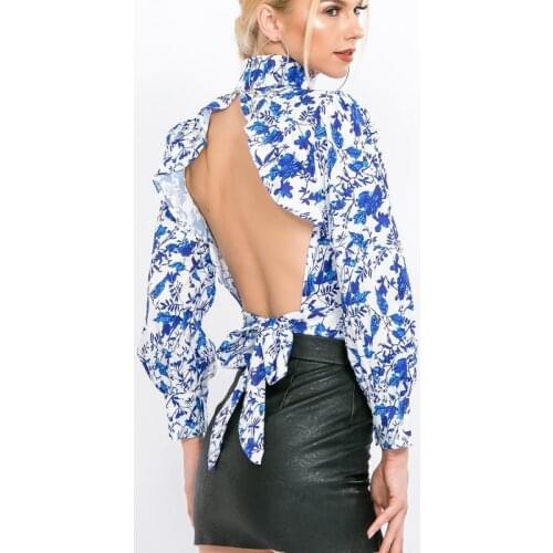 2021 summer womens new design sense sexy fashion print high neck bow tie sexy backless T-shirt