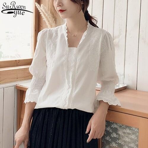 2021 Autumn Office Lady Cotton Cardigan Shirts for Women White Ladies Tops Long Sleeve Solid V Neck Blouse Women Blusas 10321