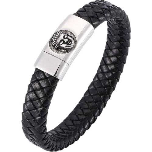 Buddha Head Bracelet Black Leather Bracelet Stainless Steel Clasp Punk Men Jewelry Wristband Bangle BB0315