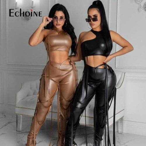 Echoine Luxurious Faux Leather Vintage Y2K Leisure Straight Pants Women spring Sexy Club Party Lady Slim Design Trousers Female
