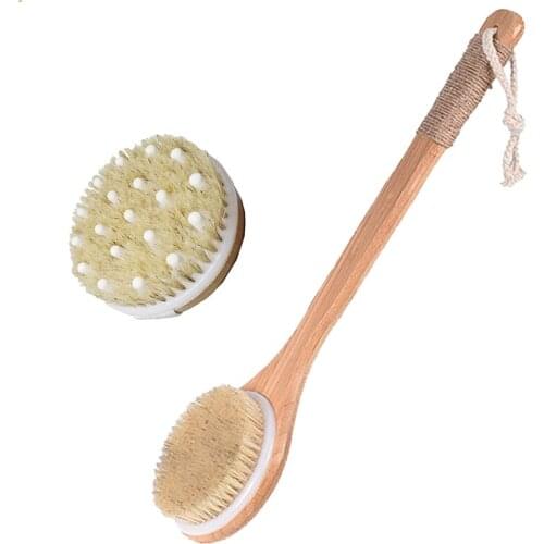 Wooden Massage Bath Brush Bristle Exfoliating Shower Brush Long Wooden Handle Dry Brushing