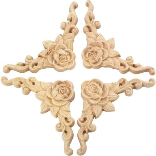 4pcs 8*8cm Wood Carved Corner Onlay Applique Door Cabinet Rose Unpainted European Style