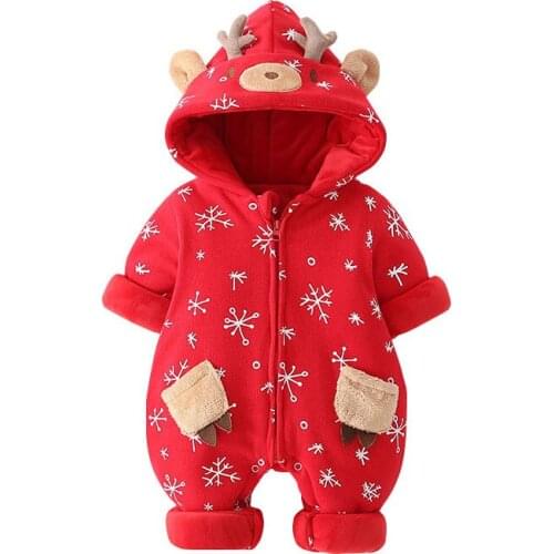 Baby Red Hooded Christmas Romper Bebe Winter Thicken Zipper Cute Deer Ear Animal Role Play Costume Jumpsuit for Toddler Boy Girl