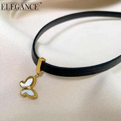 ELEGANCE11 Butterfly Pendant Necklace Bright Gold Metal Side Chain Black Leather Case Collar Neck Chain Party Gift For Girl