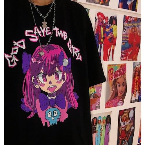 Harajuku Cute Japan E-Girl Cartoon Anime Print Tops Mujer Casual Loose Vintage Streetwear Loose Chic Kawaii Women Summer T-shirt