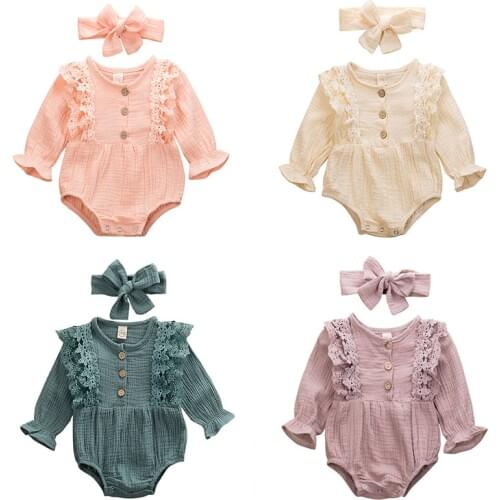 Newborn Baby Girls Rompers Ruffled Solid Color Princess Long Sleeve Lace Flower Romper Jumpsuit Headband Infant Clothing Outfit