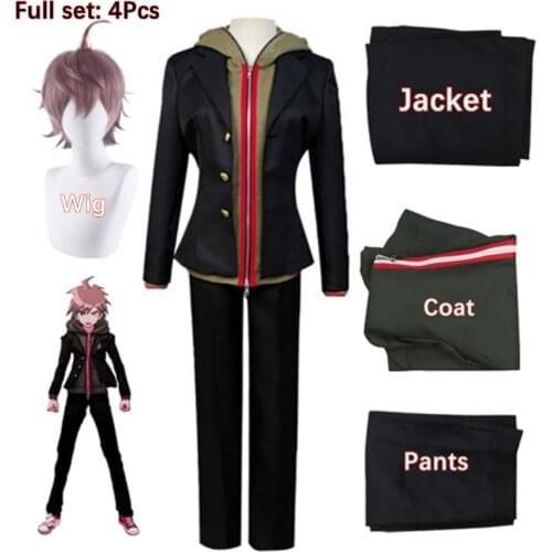 New Anime Danganronpa Naegi Makoto Dangan Ronpa Cosplay Costume Halloween Uniform Coat Hoody Pants Outfit Games Costumes Wig