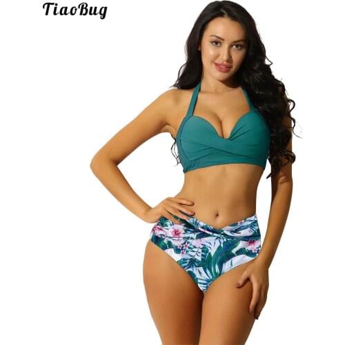 TiaoBug Fashion Women Summer 2Pcs Flower Print Bikini Sets Swimwear Bathing Suit Halter Ruched High Waist Beach Swimsuit