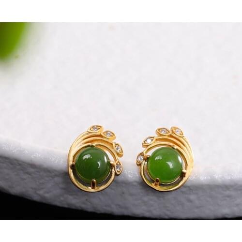 BOCAI New Real s925 Silver Jewelry Gold-plated Exquisite Peacock Jasper Four-claw Earrings Fashionable Womens Earrings