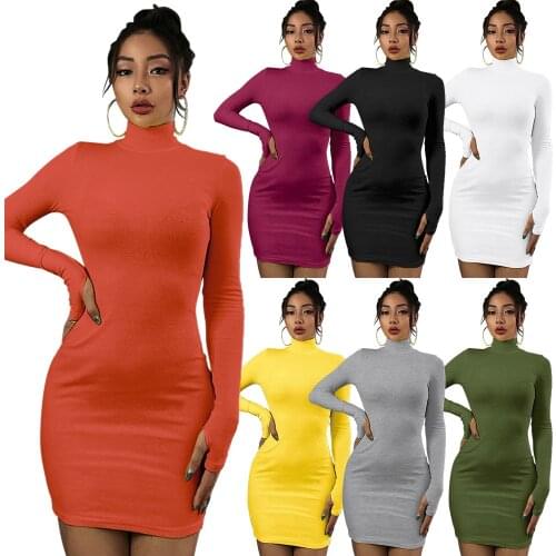 Plus size sweater party dress Pure Long-sleeved High-collar bodycon winter women Dresses 2019 Autumn New Bottom ladies dresses
