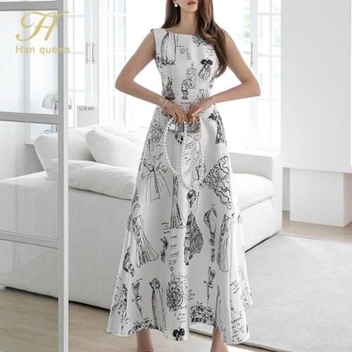 H Han Queen Vintage Print Elegant Long Dress Women Summer New Sleeveless A-Line Dresses Simple Work Casual Ankle-length Vestidos