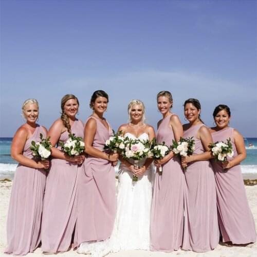 Dusty Pink Bridesmaid Dresses A-Line One Shoulder Pleat Sleeveless Floor Length Simple Wedding Party Gowns Custom Made New