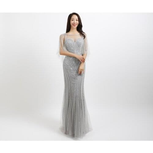 Beauty-Emily Luxury Evening Gowns Long Crystal Beading Formal Party Dress High-end Rhinestone O Neck Tulle New Mermaid Gown 2020