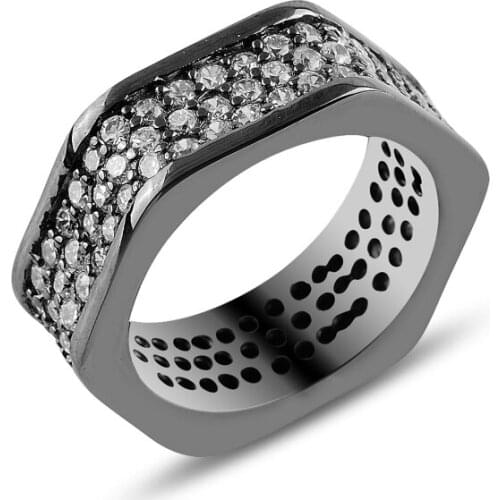 Silver 925 Sterling Black Rhodium Zircon Stone Ring