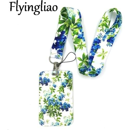 Blue Green Flowers Creative Lanyard Card Holder Student Hanging Neck Phone Lanyard Badge Subway Access Card Holder Accessories