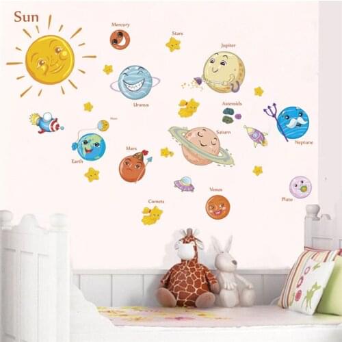 Solar System Cartoon Planet Spaceship Wall Stickers For Kids Room Bathroom Decoration Boys Nursery Mural Art Diy Pvc Home Decals