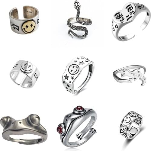 Vintage Silver Color Rings For Women Fashion Girl Men Couple Jewelry Punk Hip Hop Frog Snake Smiley Animal Metal Ring anillo