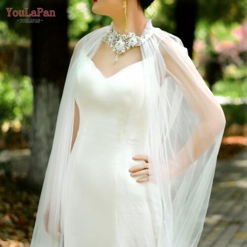 YouLaPan G20 Wedding Cape Jacket White Flowers Appilqued Bolero with Pearls Rhinestone Long Bridal Shawl Tulle with Rhinestones