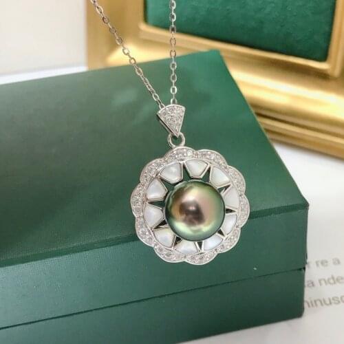 Fine Jewelry 11-12mm 925 Sterling Silver Natural Sea Water Tahiti Black Pearl Pendant Necklaces for Women FIne Pearls Pendants