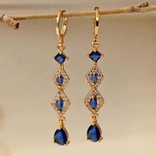 Fashion earrings Dangle Drop Earrings for Womens earrings Gold Filled Waterdrop stone blue zircon Earrings Wedding Jewelry