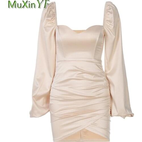 Womens Sexy Square Collar Mini Sheath Dress 2021 Spring Autumn Lady Club Solid Lantern Sleeve Dresses Dinner Party Red Clothing