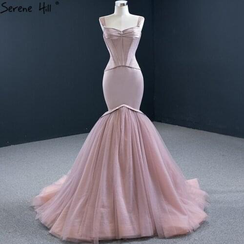 Serene Hill Pink Mermaid Sleeveless Sexy Simple Evening Dress 2020 Beading Tulle Lace Up Formal Party Wear Gown CHM67152