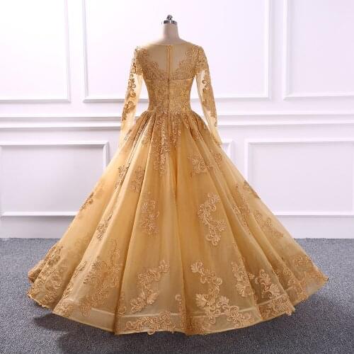 Dubai Africa Gold Ball Gown Wedding Bride Dress 2020 Custom Made Long Sleeves White Bridal Gowns Custom Made Elegant Dresses H16
