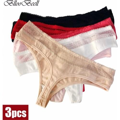 3pcs Low Waist Womens Underwear Thong Sexy Lace Cotton G-String Panties for Women Summer Tanga Female Soft Ladies Lingerie