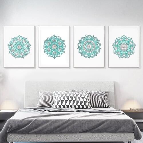 Abstract Mandala Teal Gray Posters Wall Art Canvas Painting Bohemian Pictures Prints for Bathroom Bedroom Living Room Home Decor