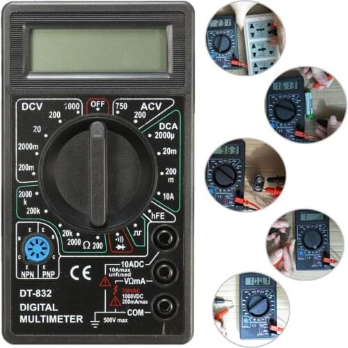 DT832 Digital LCD Multimeter Ohm Voltage Ampere Meter Buzzer Function with Test Probe