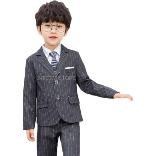 School Kids Formal Tuxedo Blazer Vest pants 3Pcs Children Performance Host Dance Party Dress Costume Flower Boys Wedding Suit