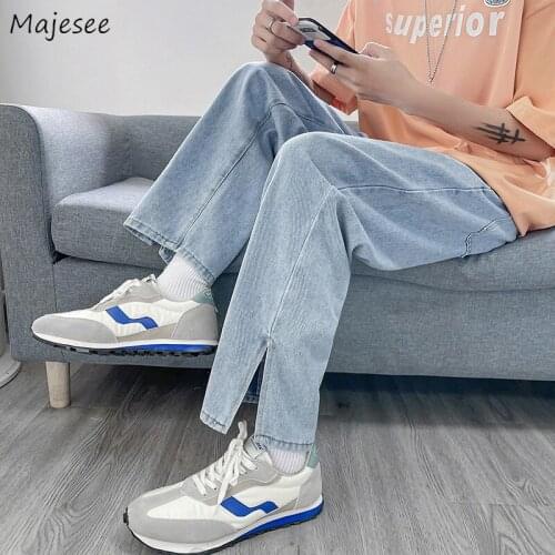 Split Jeans Men Ins Fashion Large Size S-4XL Couples Casual Denim Straight Solid Simple Classic Daily Trousers Male High Street